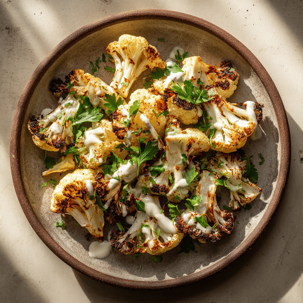 Sensational Moroccan Cauliflower with Tahini-Honey 2 Moroccan roasted cauliflower with tahini-honey drizzle and parsley