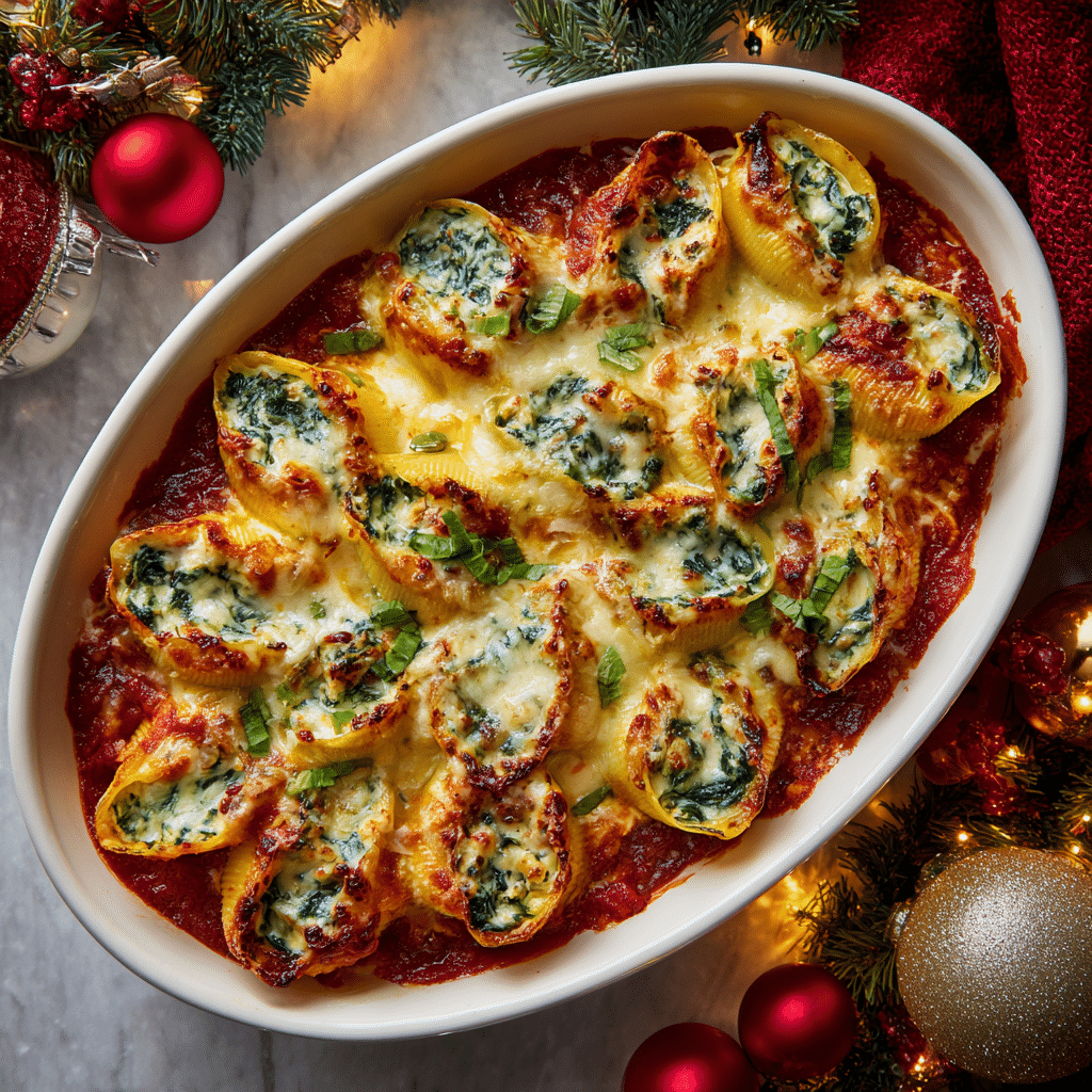 Quick & Easy Christmas Stuffed Shells Recipe 2 Jumbo pasta shells stuffed with spinach, ricotta, mozzarella cheese, and chives, baked in red marinara sauce, topped with melted mozzarella and fresh basil, arranged in a festive casserole dish. Christmas holiday comfort food.