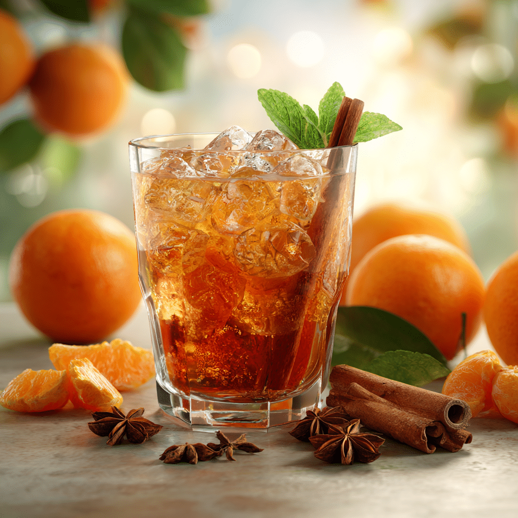 Tall glass of Orange Cinnamon Iced Tea with ice cubes, garnished with a cinnamon stick and fresh orange slices, set on a wooden kitchen counter with soft natural light in a minimal, modern kitchen.