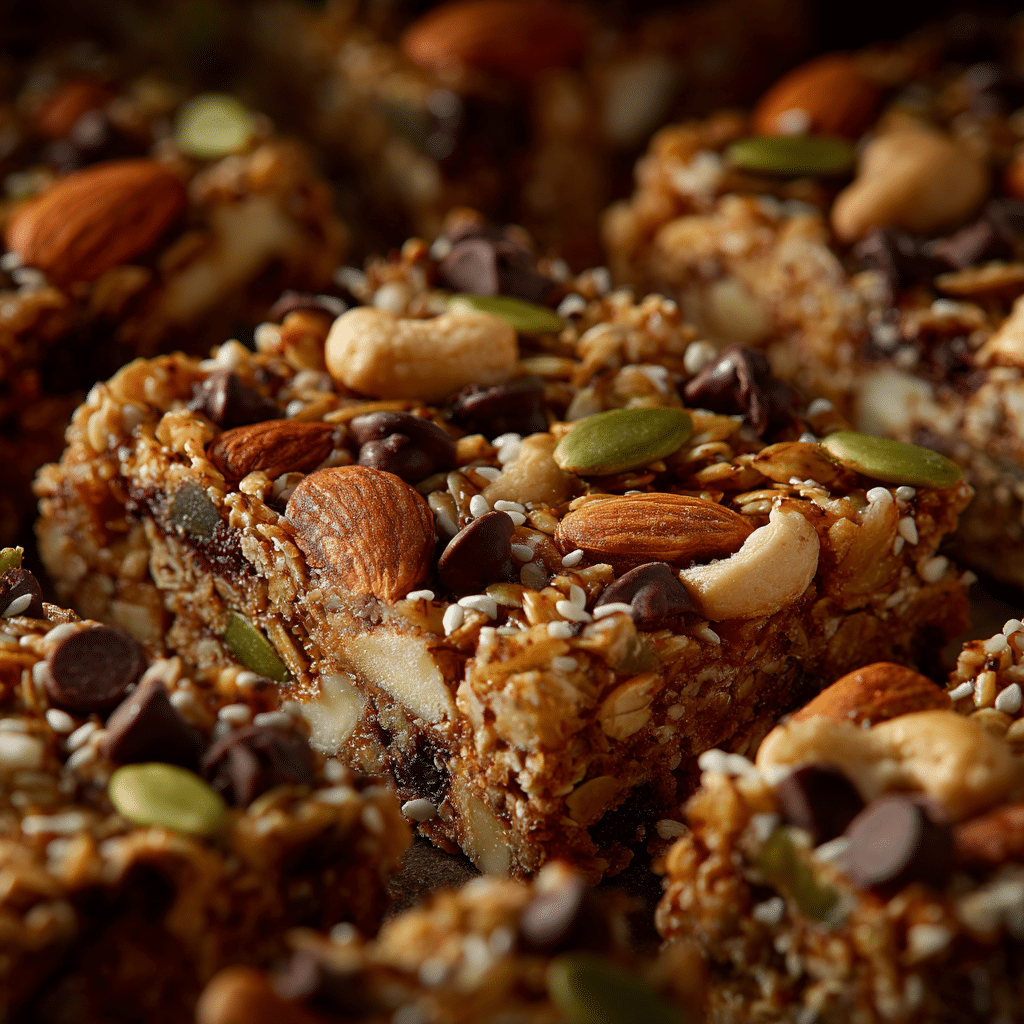 Close-up of golden-baked iron-rich granola bars showing texture with visible almonds, pumpkin seeds, cashews, and chocolate chips.