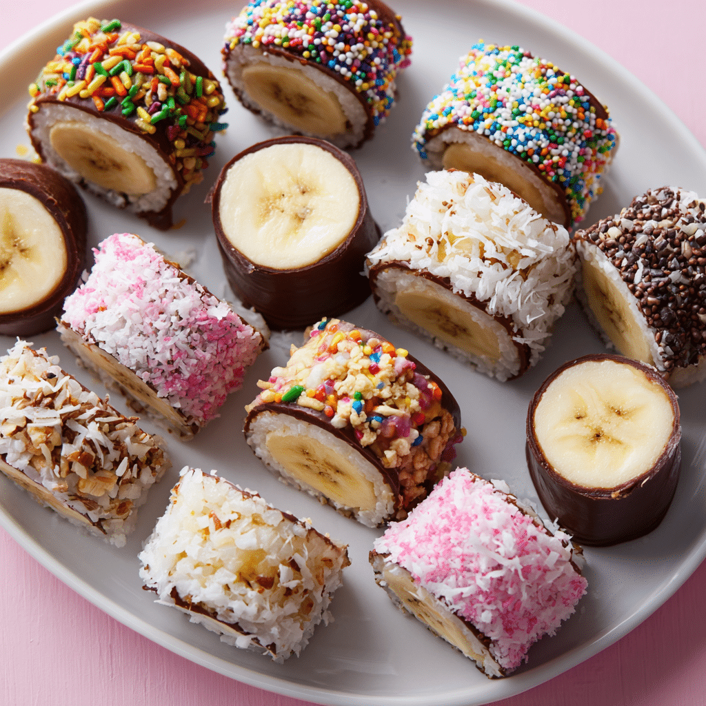 Banana ‘sushi’ rolls made from whole bananas coated in melted chocolate or nut butter, rolled in colorful sprinkles, chia seeds, coconut, and rice krispies, then sliced into bite-size rounds on a white plate