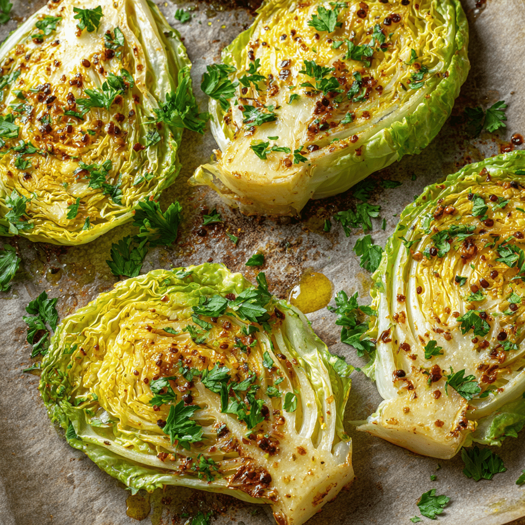 Amazing Garlic Cabbage Steaks: Simple & Crispy 2 Roasted garlic cabbage steaks on a parchment-lined baking sheet, thick green cabbage wedges with crispy golden edges from high-heat roasting, seasoned with garlic paste, fennel seeds, and olive oil.