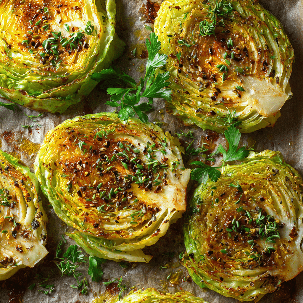 Amazing Garlic Cabbage Steaks: Simple & Crispy 1 Roasted garlic cabbage steaks on a parchment-lined baking sheet, thick green cabbage wedges with crispy golden edges from high-heat roasting, seasoned with garlic paste, fennel seeds, and olive oil.