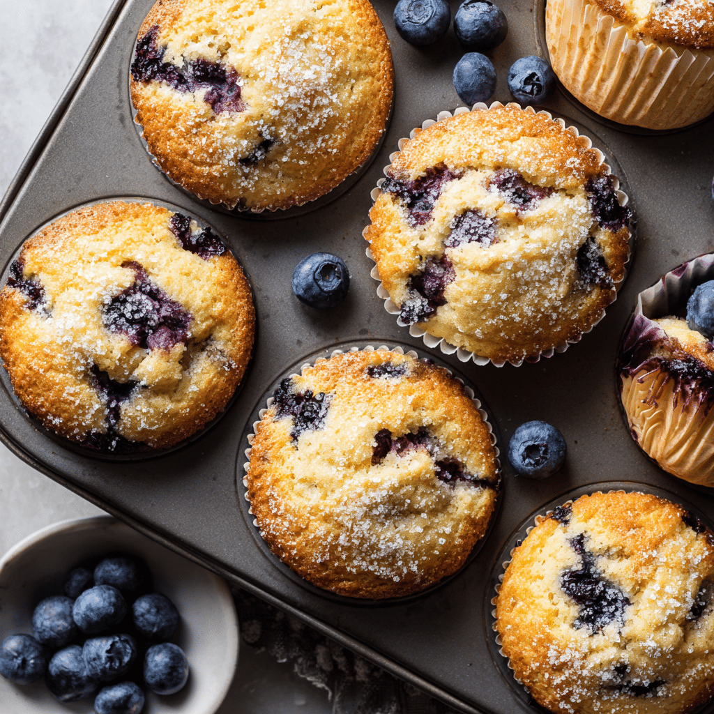 Ultimate Greek Yogurt Blueberry Protein Muffins 2 Golden Greek yogurt blueberry protein muffins fresh from the oven in a muffin tin, tall domed tops bursting with juicy blueberries and sprinkled with sugar, perfect for quick breakfasts or snacks