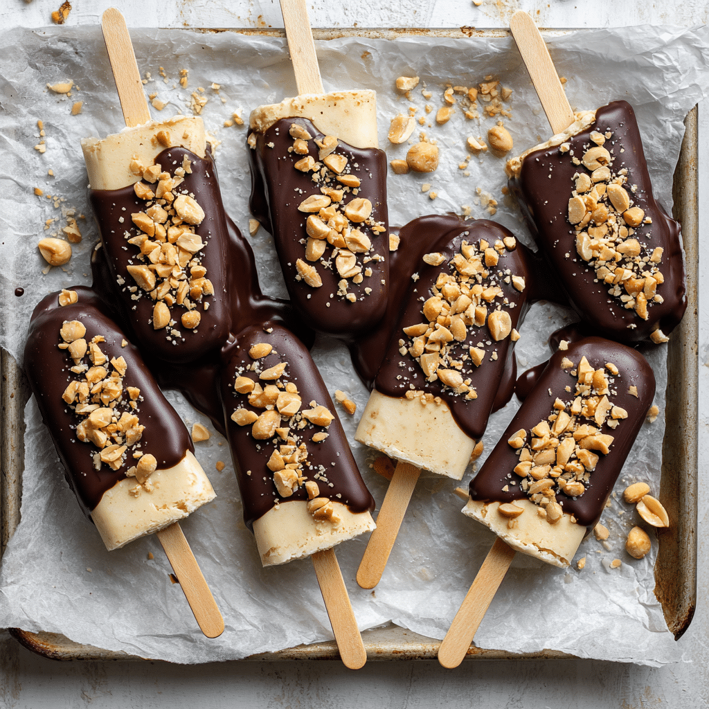 Ultimate Peanut Butter Frozen Yogurt Bars 1 “Peanut butter frozen yogurt bars on popsicle sticks, coated in a smooth chocolate shell and sprinkled with chopped peanuts, resting on a parchment-lined tray with a few bites showing the creamy yogurt-peanut butter center.