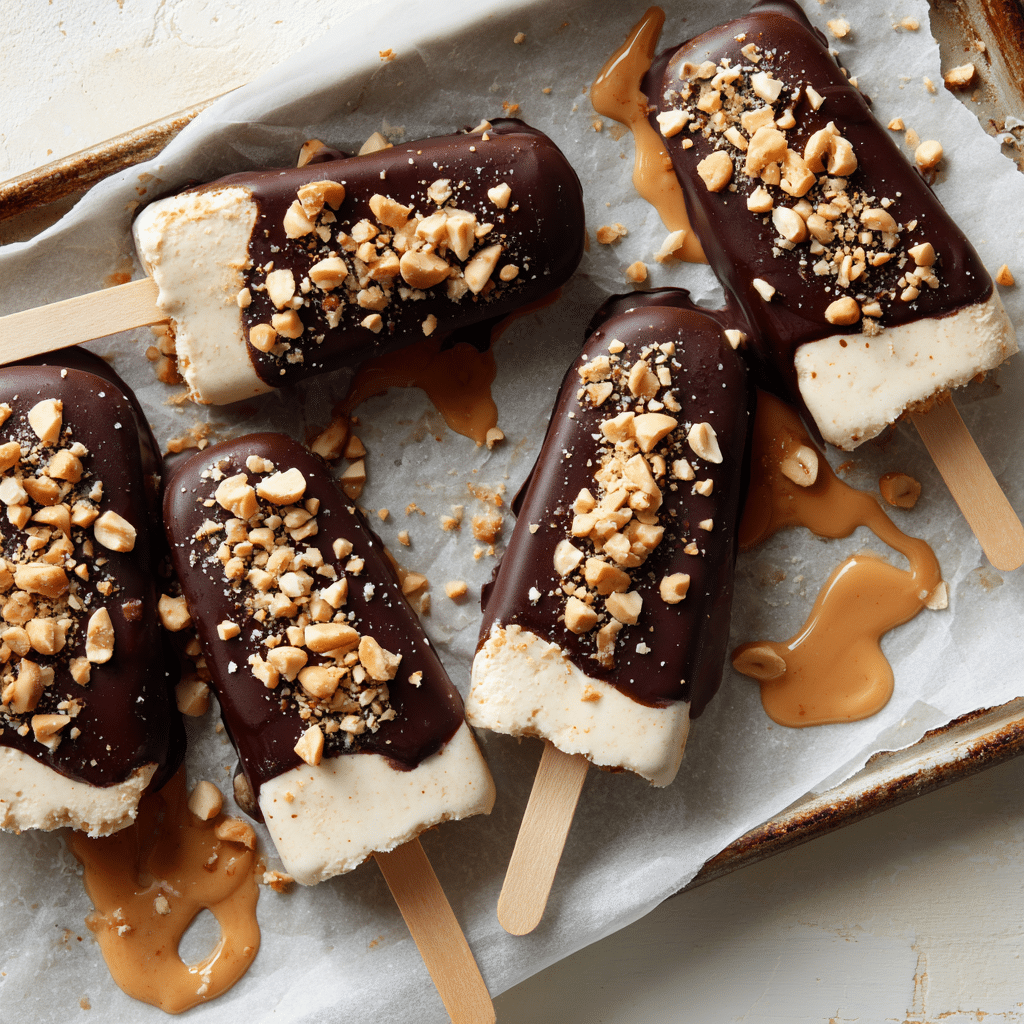 Ultimate Peanut Butter Frozen Yogurt Bars 2 “Peanut butter frozen yogurt bars on popsicle sticks, coated in a smooth chocolate shell and sprinkled with chopped peanuts, resting on a parchment-lined tray with a few bites showing the creamy yogurt-peanut butter center.