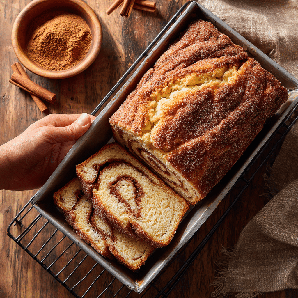 Easy Cinnamon Swirl Bread: A Simple Joy 2 Loaf of cinnamon swirl bread in a 9×5-inch pan, golden-brown top with a crackly cinnamon-sugar crust, sliced to reveal a thick ribbon of cinnamon sugar running through the soft, moist crumb