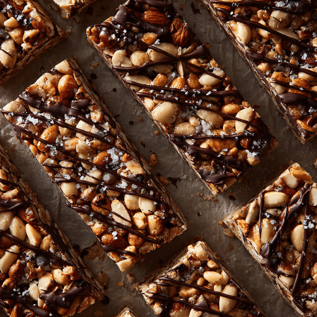 Ultimate Dark Chocolate Sea Salt Nut Bars 2 Dark chocolate sea salt nut bars on parchment paper, each bar packed with almonds, peanuts, and crisp cereal, bottoms dipped in dark chocolate, tops drizzled with extra chocolate and finished with a sprinkle of flaky sea salt