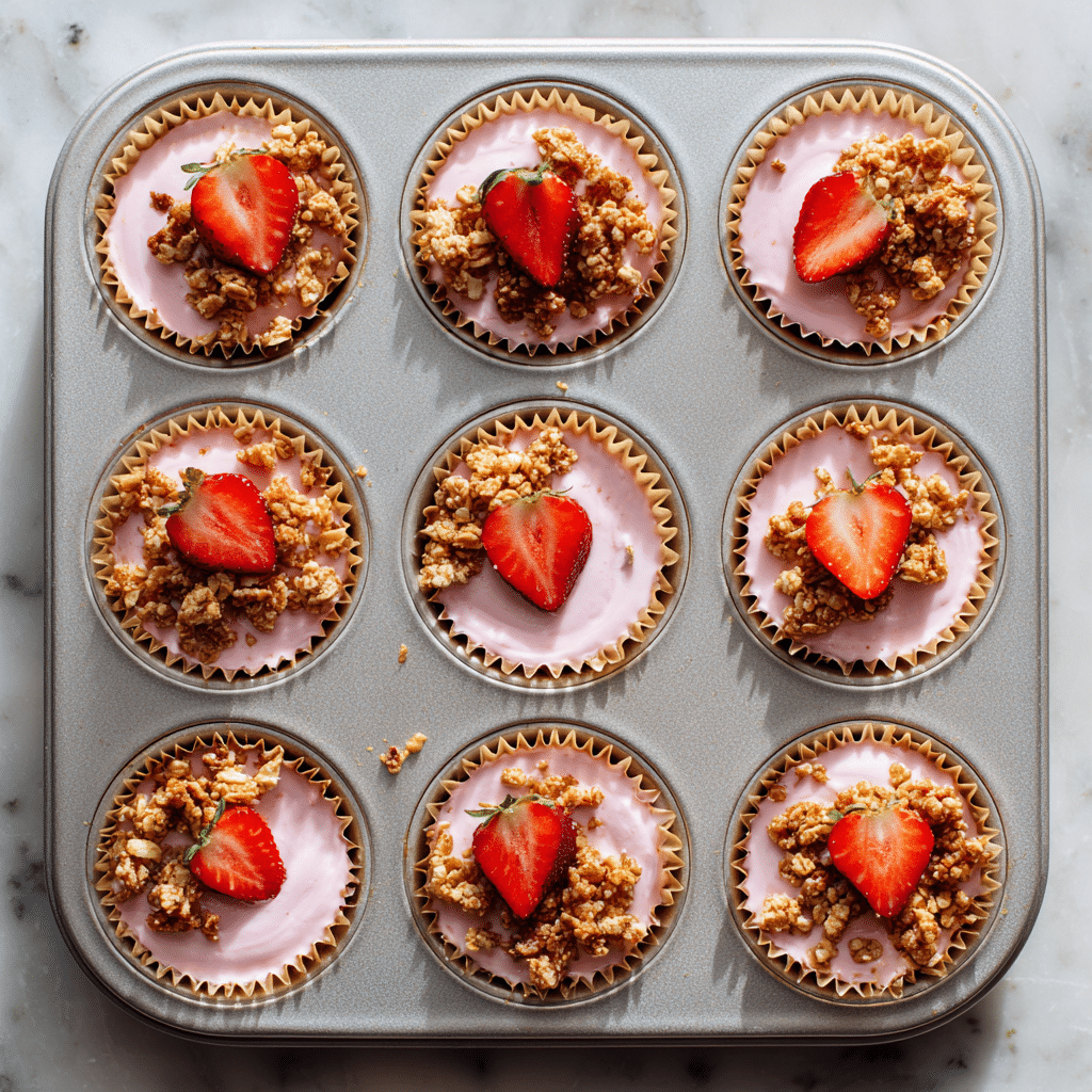 Easy Healthy Strawberry Yoghurt Bite Recipe 2 Frozen strawberry yogurt bites in a 12-cup muffin pan, each cup layered with granola on the bottom, creamy pink strawberry yogurt in the center, and a piece of fresh strawberry plus extra granola on top