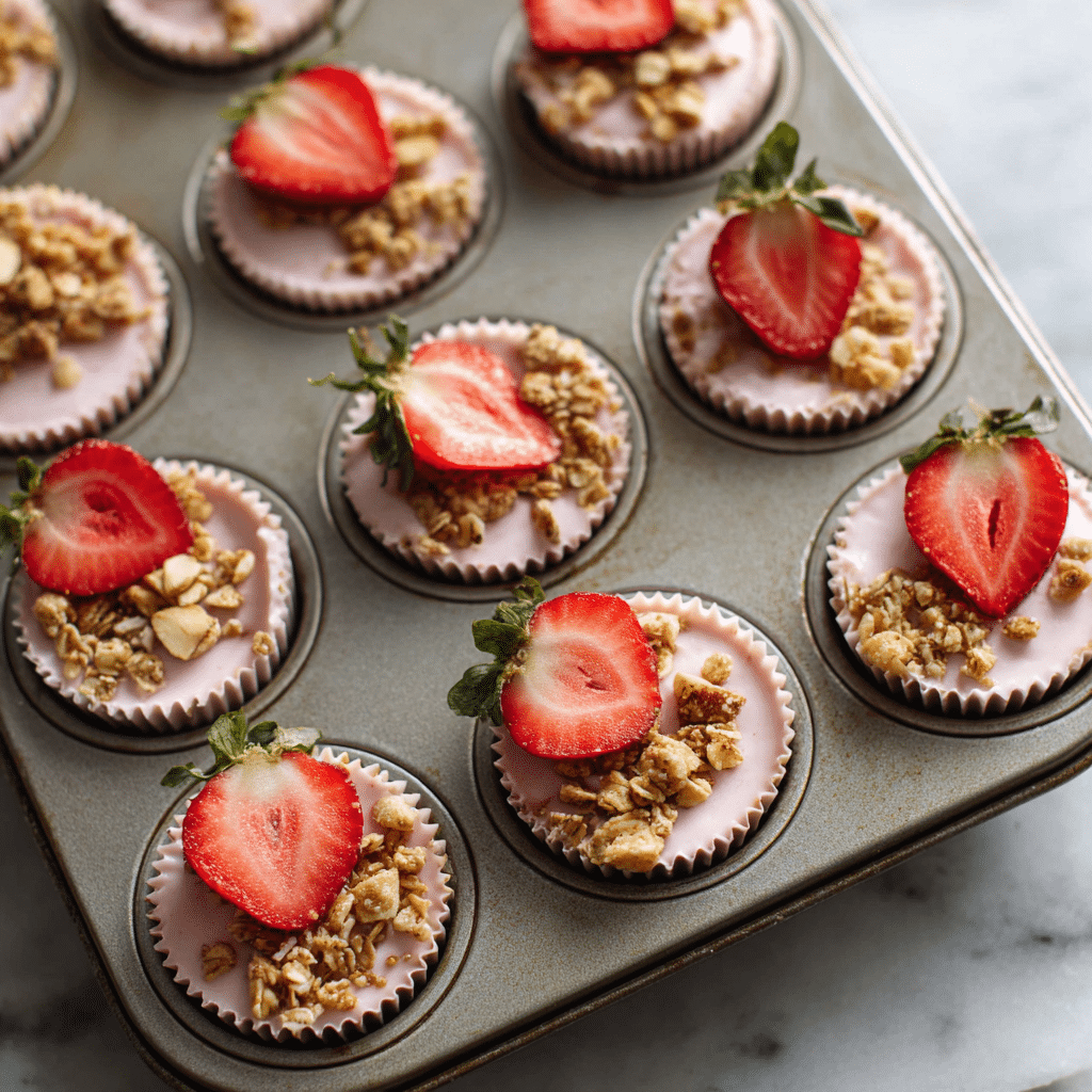 Easy Healthy Strawberry Yoghurt Bite Recipe 1 Frozen strawberry yogurt bites in a 12-cup muffin pan, each cup layered with granola on the bottom, creamy pink strawberry yogurt in the center, and a piece of fresh strawberry plus extra granola on top