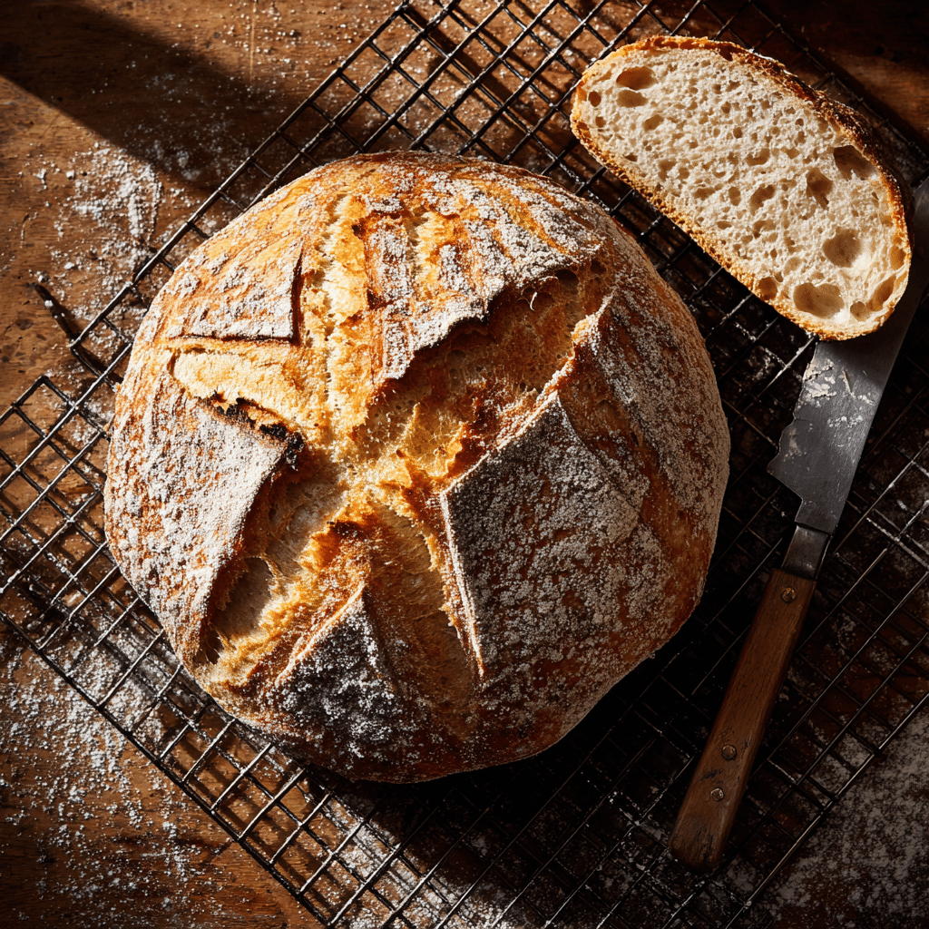 Amazing Sourdough Bread Recipe: Bake Your Own Loaf 2 Rustic round sourdough loaf with a deep golden crust and decorative score pattern, resting on a cooling rack over a wooden table, showing an open crumb and chewy texture inside