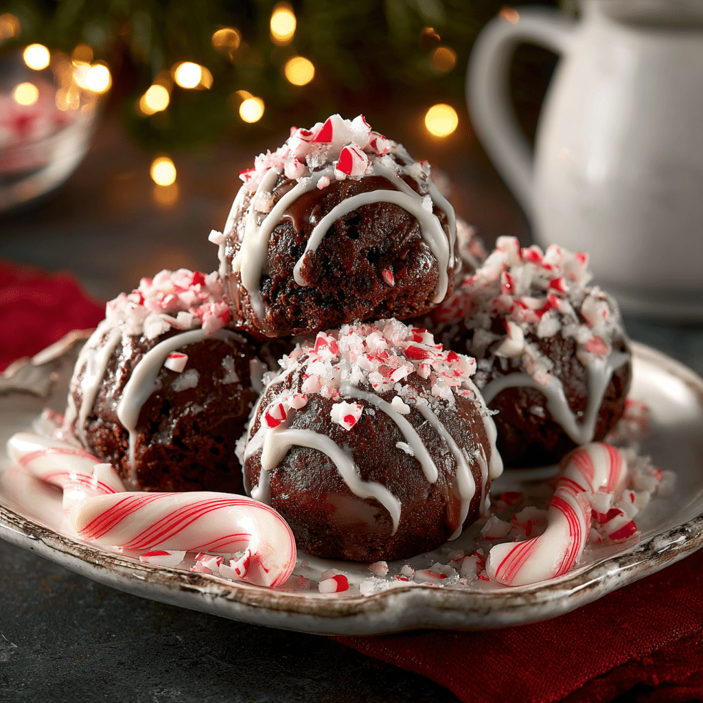 Easy Candy Cane Brownie Bombs Recipe 1 Candy Cane Brownie Bombs on a festive platter, chocolate-coated, crushed candy cane topping, displayed in a cozy kitchen setting