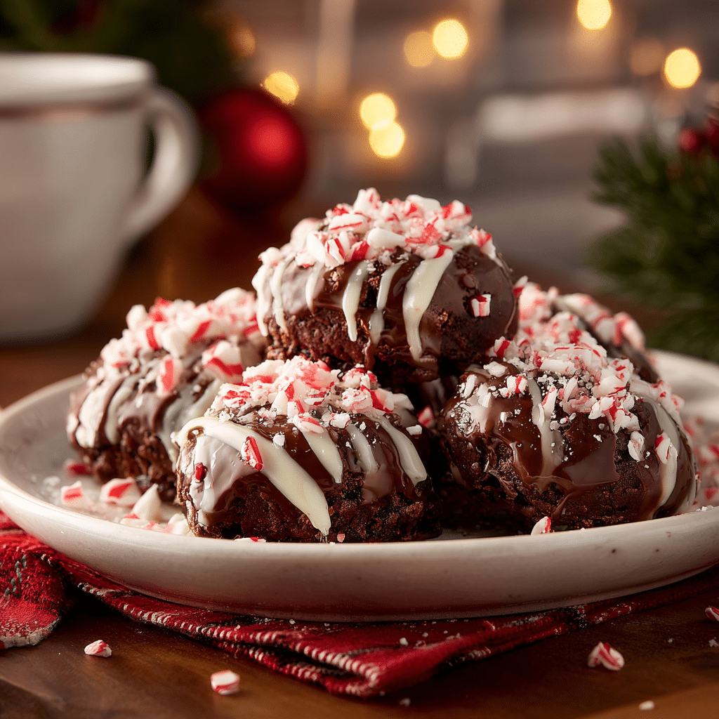 Easy Candy Cane Brownie Bombs Recipe 2 Candy Cane Brownie Bombs on a festive platter, chocolate-coated, crushed candy cane topping, displayed in a cozy kitchen setting