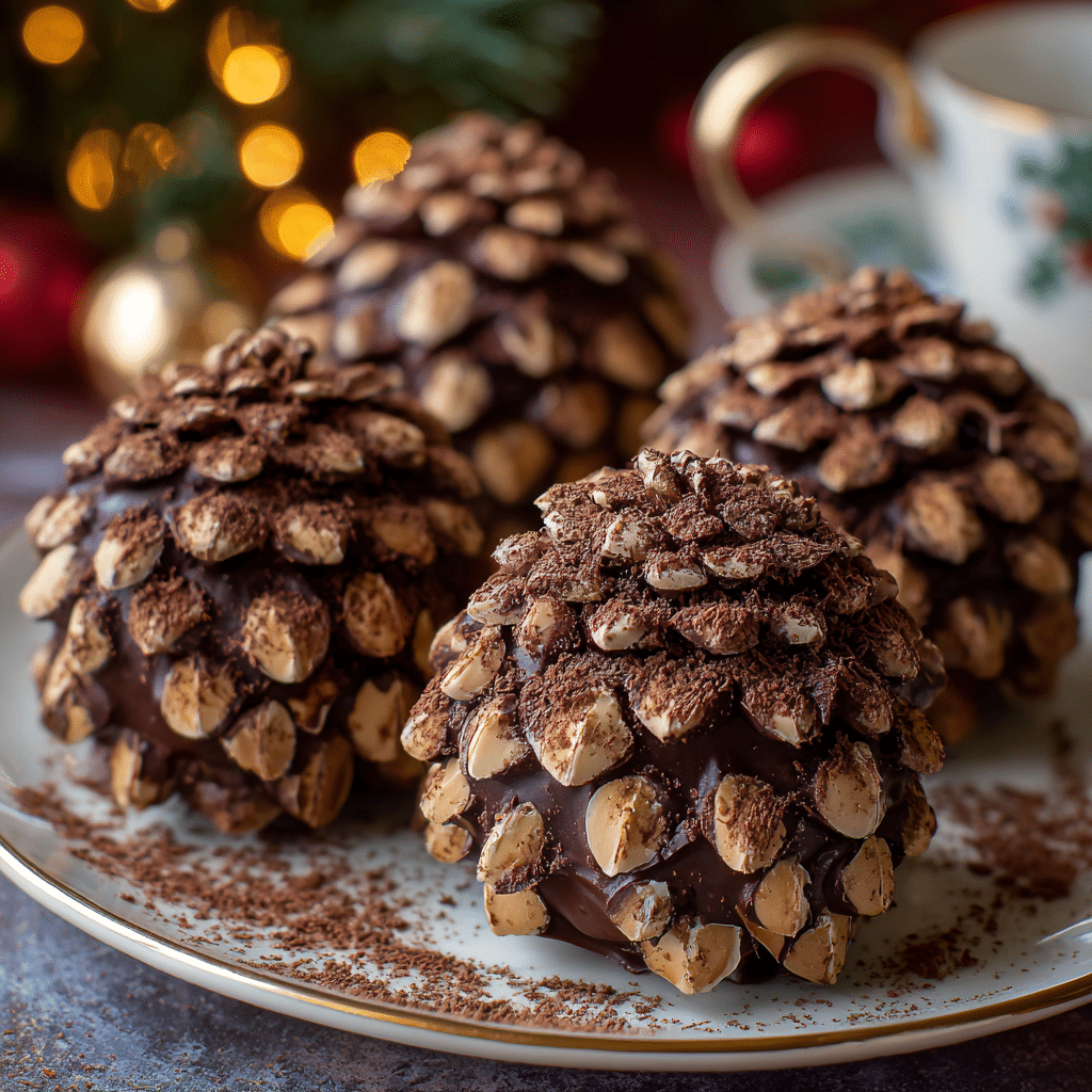 Wonderful No Bake Pinecone Truffles for Holidays 1 “Close-up of No Bake Pinecone Truffles on a festive platter, dark chocolate coating, roasted almond scales, cocoa powder, displayed in a cozy kitchen setting.”