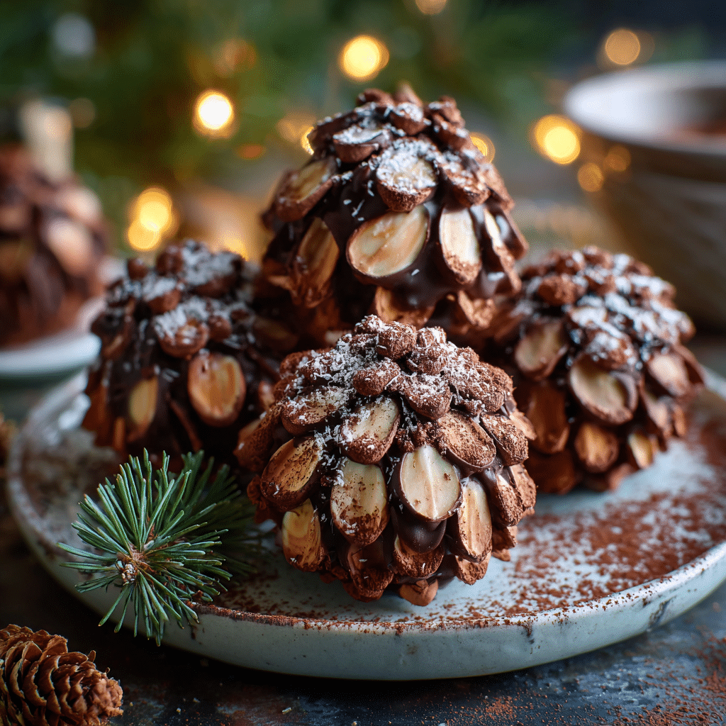 Wonderful No Bake Pinecone Truffles for Holidays 2 “Close-up of No Bake Pinecone Truffles on a festive platter, dark chocolate coating, roasted almond scales, cocoa powder, displayed in a cozy kitchen setting.”