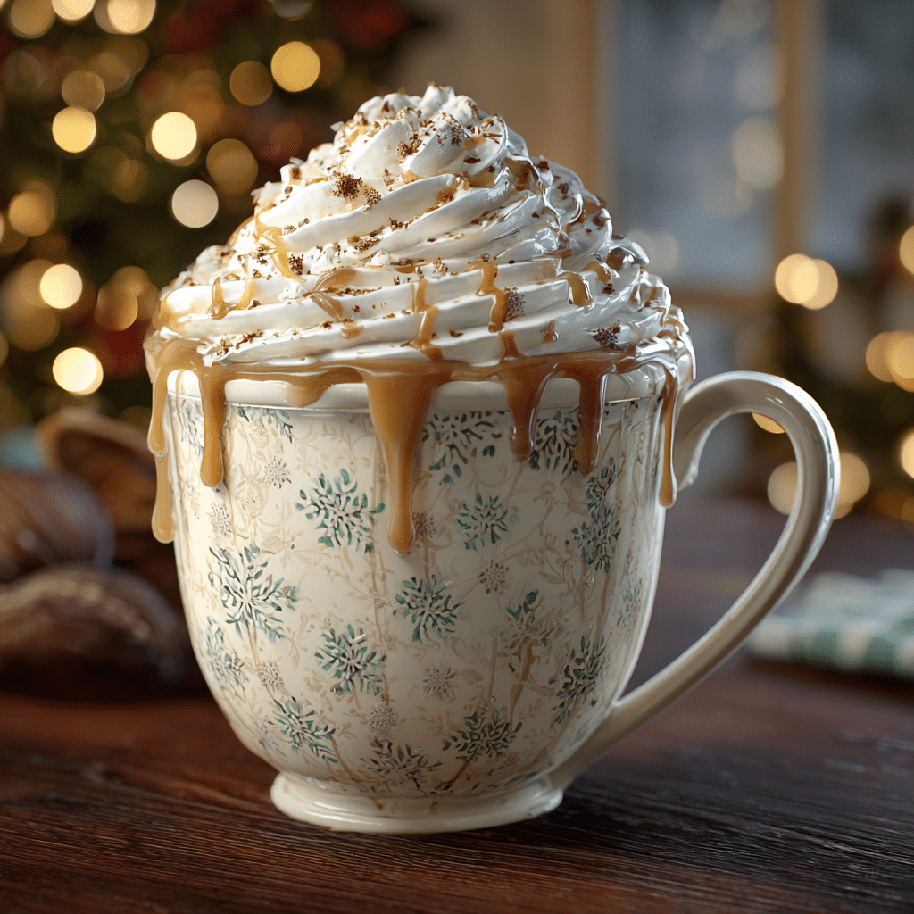 Amazing Christmas Chai Latte: Easy 10-Min Recipe 2 Christmas Chai Latte in a festive mug, creamy half-and-half swirl, white chocolate drizzle, whipped cream topping, dusted with nutmeg, displayed in a cozy kitchen setting.