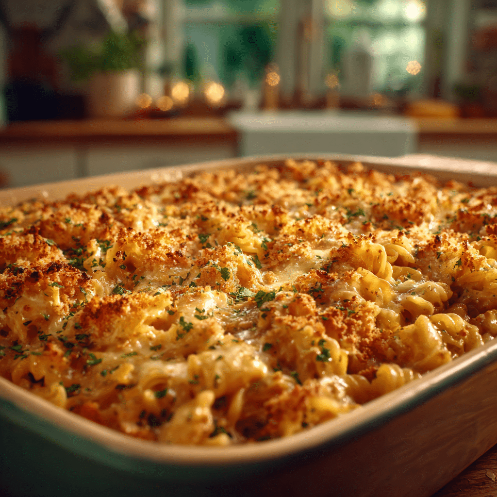 “A golden-brown cheesy tuna noodle casserole in a baking dish, with melted cheese, creamy sauce, elbow noodles, and a crispy breadcrumb topping, served in a warm kitchen setting.”
