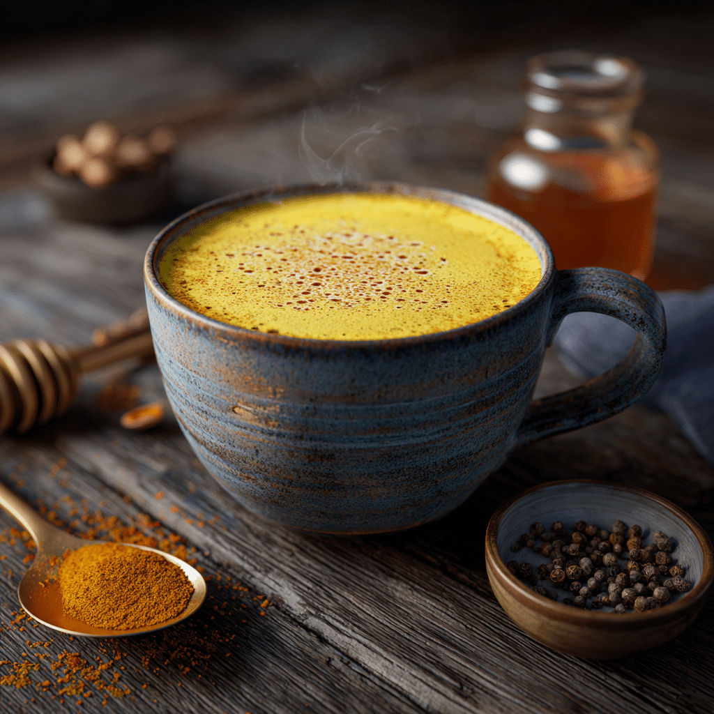 “A ceramic mug filled with warm golden milk, its deep yellow color topped with a light frothy layer and a sprinkle of cinnamon, sitting on a wooden table beside turmeric, cinnamon sticks, and a small jar of honey.”