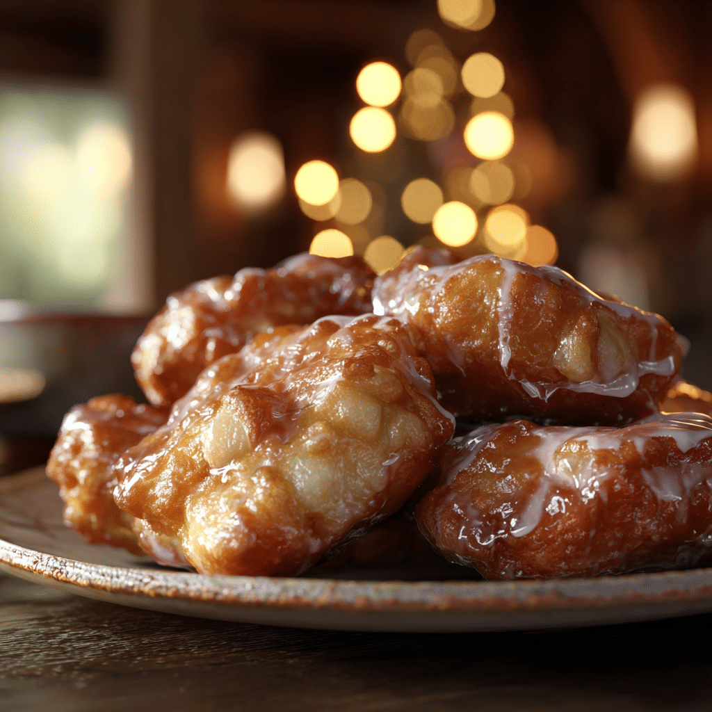 Amazing Quick & Easy Apple Fritters Recipe 2 Golden apple fritters on a plate, glazed, chunks of apple visible, displayed in a cozy kitchen setting.