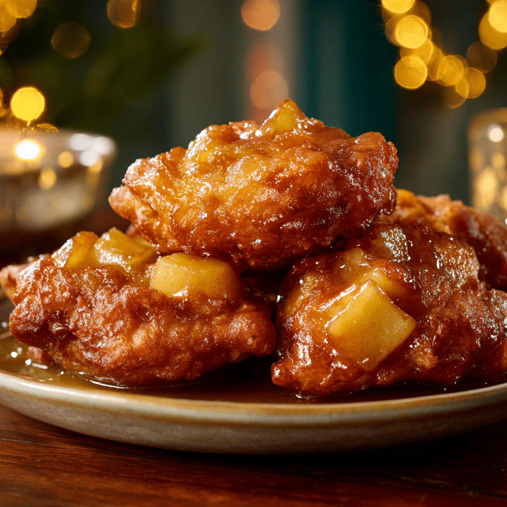 Amazing Quick & Easy Apple Fritters Recipe 1 Golden apple fritters on a plate, glazed, chunks of apple visible, displayed in a cozy kitchen setting.