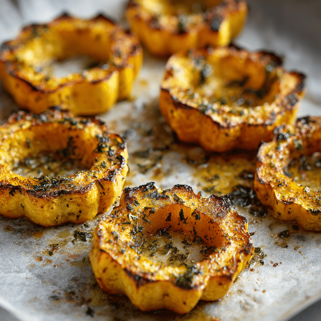 Quick & Easy Roasted Acorn Squash Rings Recipe 2 “Roasted acorn squash rings with golden-brown edges, seasoned with herbs and olive oil, arranged on a parchment-lined baking sheet in a cozy kitchen setting.”