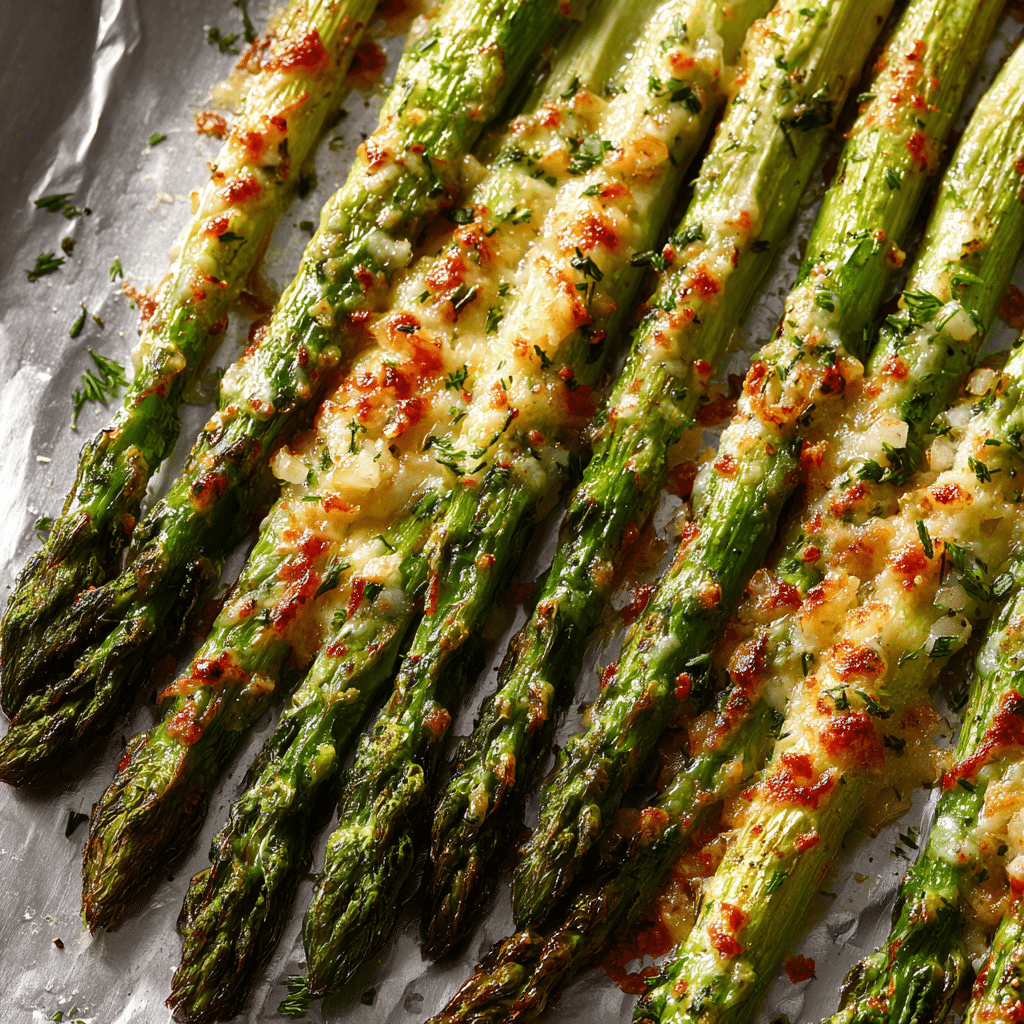 Quick & Easy Garlic Parmesan Roasted Asparagus 2 “Garlic parmesan roasted asparagus spears on a foil-lined baking sheet, sprinkled with minced garlic and melted parmesan, just out of the oven.”
