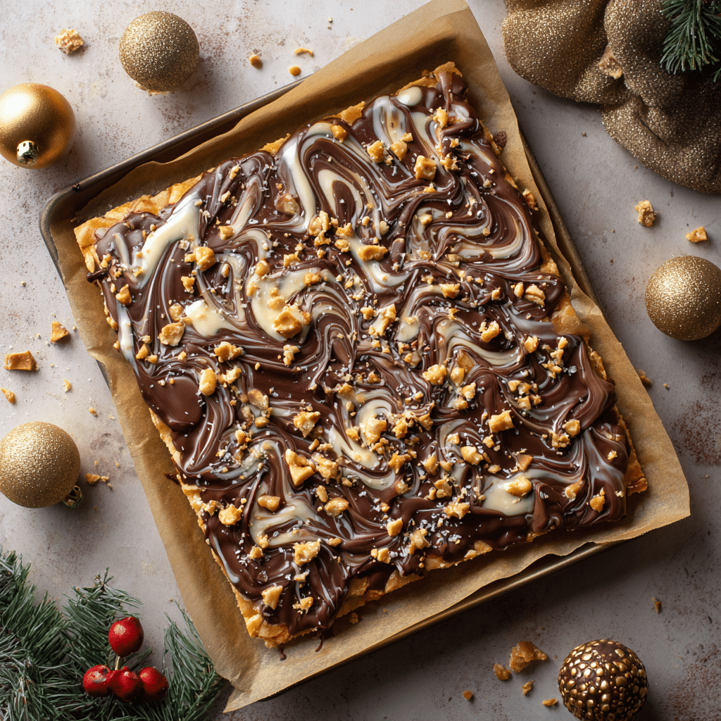 Ultimate Christmas Crack Recipe: Quick & Easy 1 Pieces of Christmas Crack saltine cracker toffee on a parchment-lined baking sheet, with a caramel toffee layer, melted chocolate, toffee bits, and white chocolate drizzle in a cozy holiday kitchen setting