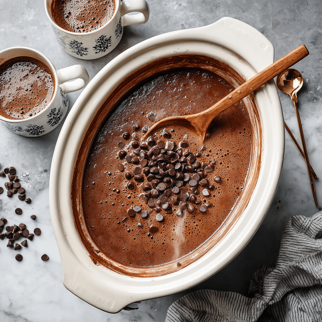 Sensational Crockpot Hot Chocolate for Parties 2 Crockpot hot chocolate simmering in a slow cooker, rich creamy chocolate drink with melted chocolate chips, ready to be ladled into mugs for a cozy winter party or family gathering.