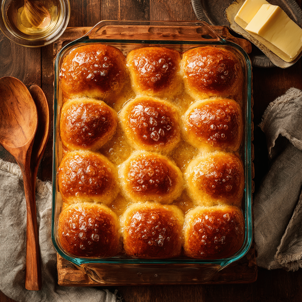 Amazing Sourdough Pull-Apart Dinner Rolls 2 Golden sourdough pull-apart dinner rolls fresh from the oven in a glass baking dish, soft fluffy rolls brushed with melted shortening, perfect for family dinners or holiday meals