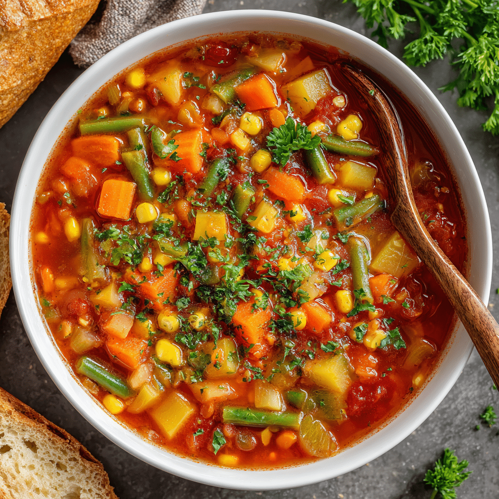 Amazing 45-Minute Vegetable Soup 2 Chunky homemade vegetable soup in a bowl with carrots, potatoes, celery, green beans, corn, and peas in rich tomato broth—nourishing, customizable, and ready in 45 minutes.