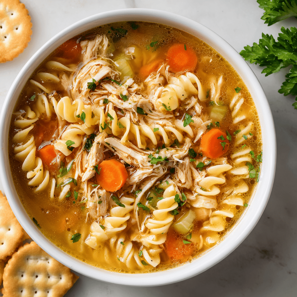 Steaming bowl of Chick Fil A chicken noodle soup with curly noodles, shredded chicken, carrots, celery in golden broth—comforting copycat ready in under an hour.