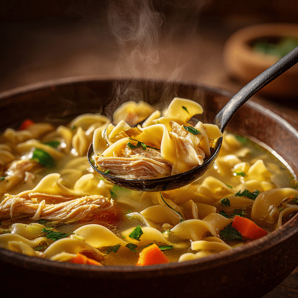 Simple Chicken Noodle Soup Crock Pot Recipe 2 Comforting chicken noodle soup from crock pot with wide egg noodles, tender shredded chicken, carrots, celery, onions in herb-seasoned broth—easy 4-6 hour slow cooker recipe.