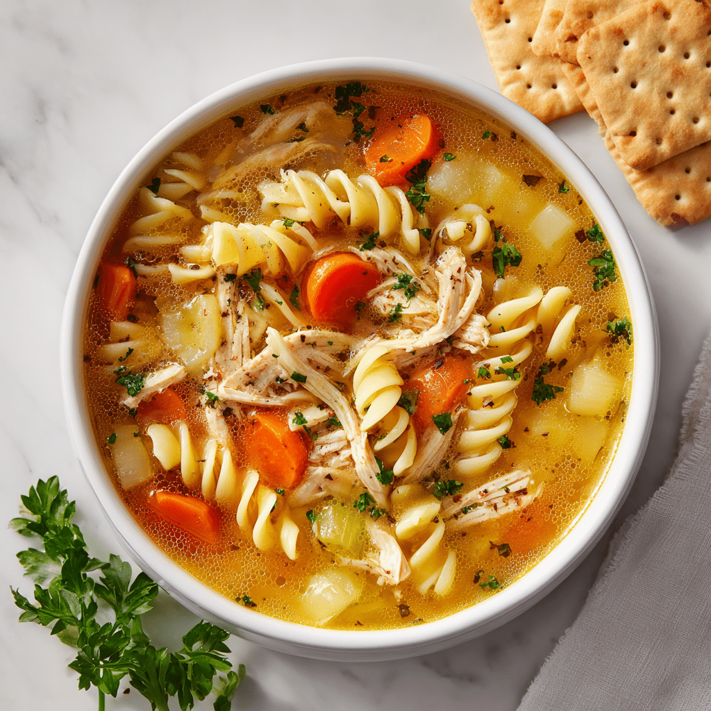 Steaming bowl of Chick Fil A chicken noodle soup with curly noodles, shredded chicken, carrots, celery in golden broth—comforting copycat ready in under an hour.