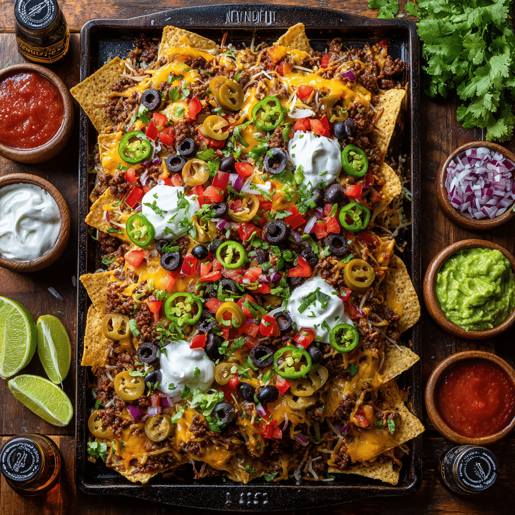 Loaded nacho platter on a large baking sheet with layers of crispy chips, melted cheese, beef, refried beans, bell peppers, jalapeños, olives, tomatoes, and fresh toppings