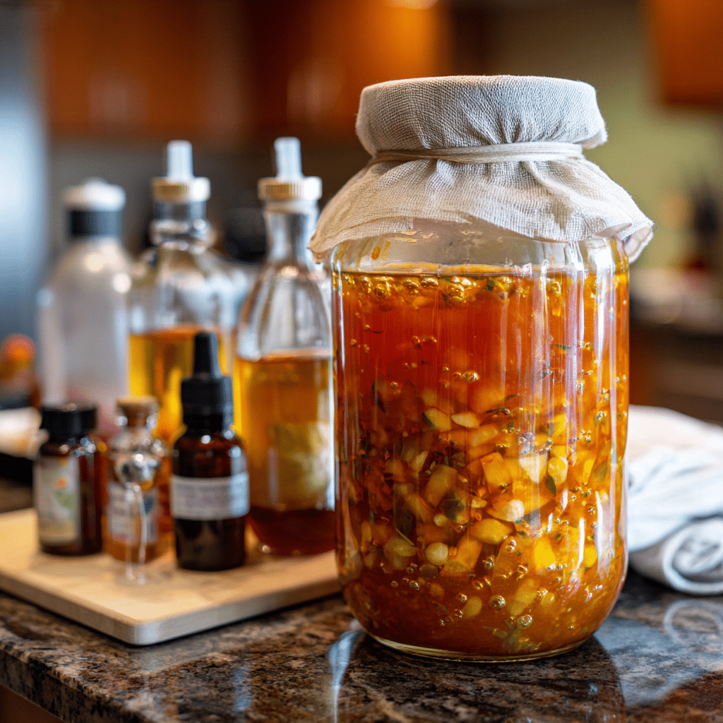 Glass bottle of bright orange-red homemade hot sauce on a wooden table, surrounded by fresh chili peppers, garlic, salt, and apple cider vinegar, with visible chili seeds in the sauce