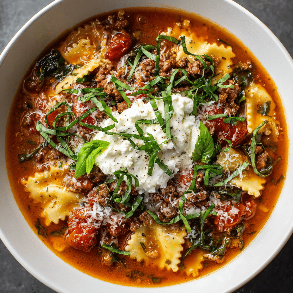 Amazing Viral Lasagna Soup in Under 30 Minutes 2 Viral lasagna soup in a bowl with broken lasagna noodles, smoky beef bacon, rich tomato broth, spinach, and a cheesy cottage cheese-parmesan-mozzarella topping