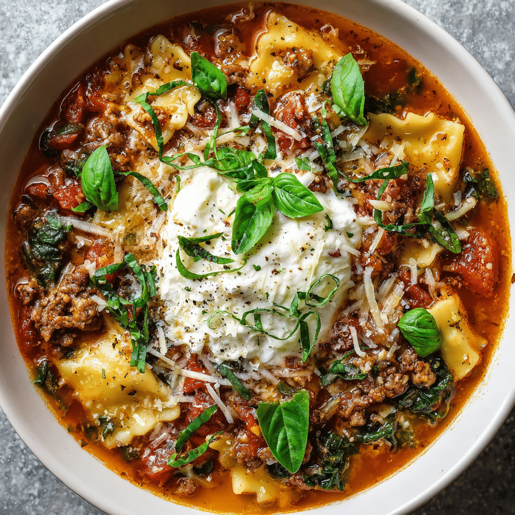 Amazing Viral Lasagna Soup in Under 30 Minutes 1 Viral lasagna soup in a bowl with broken lasagna noodles, smoky beef bacon, rich tomato broth, spinach, and a cheesy cottage cheese-parmesan-mozzarella topping
