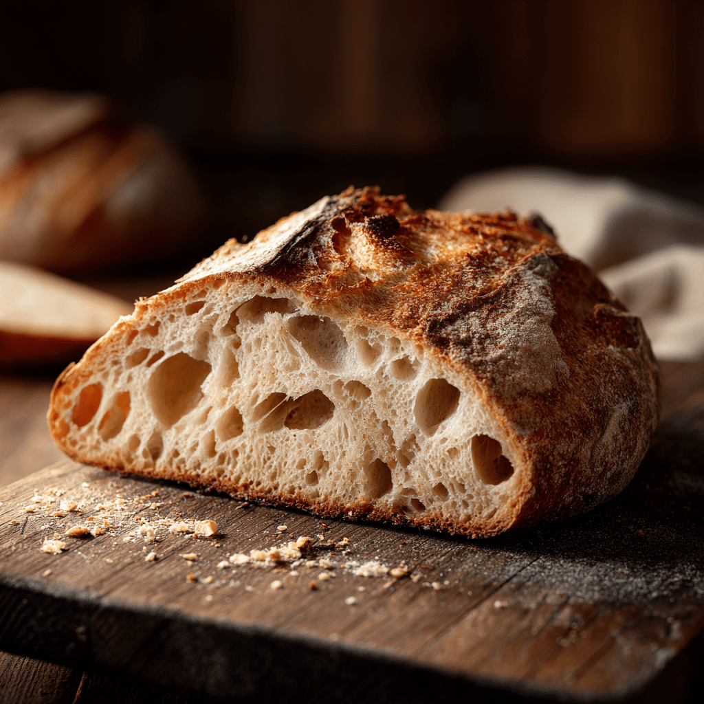 Amazing Sourdough Bread Recipe: Easy for Beginners 2 Round artisan sourdough boule with a deep golden, blistered crust and pronounced scoring ear, sliced to reveal an airy open crumb on a wooden cutting board