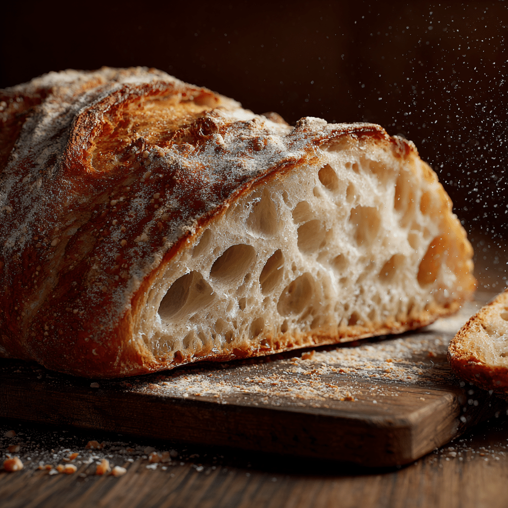 Amazing Sourdough Bread Recipe: Easy for Beginners 1 Round artisan sourdough boule with a deep golden, blistered crust and pronounced scoring ear, sliced to reveal an airy open crumb on a wooden cutting board