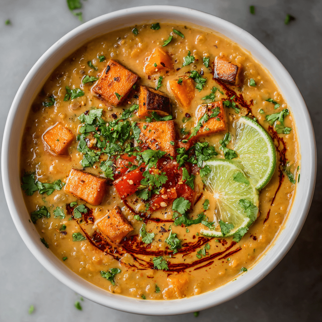 Quick Thai Coconut Red Lentil Soup: Easy Weeknight Meal 2 Creamy Thai coconut red lentil soup with sweet potatoes, onion, garlic, red curry paste in coconut milk broth, garnished with cilantro and lime