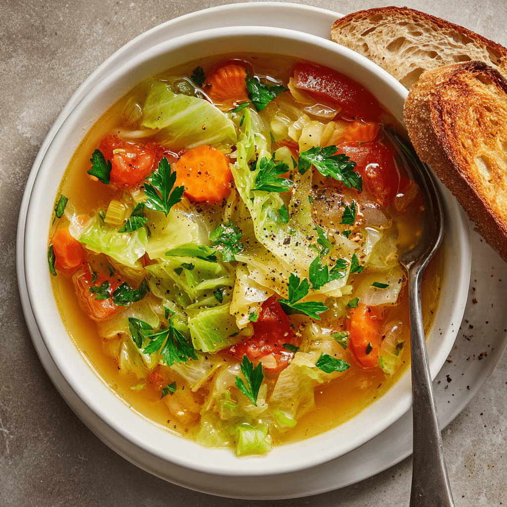 Amazing Best Cabbage Soup - Quick & Healthy 2 Chunky best cabbage soup with shredded cabbage, carrots, celery, onions, and tomatoes in herby vegetable broth, finished with lemon and fresh parsley