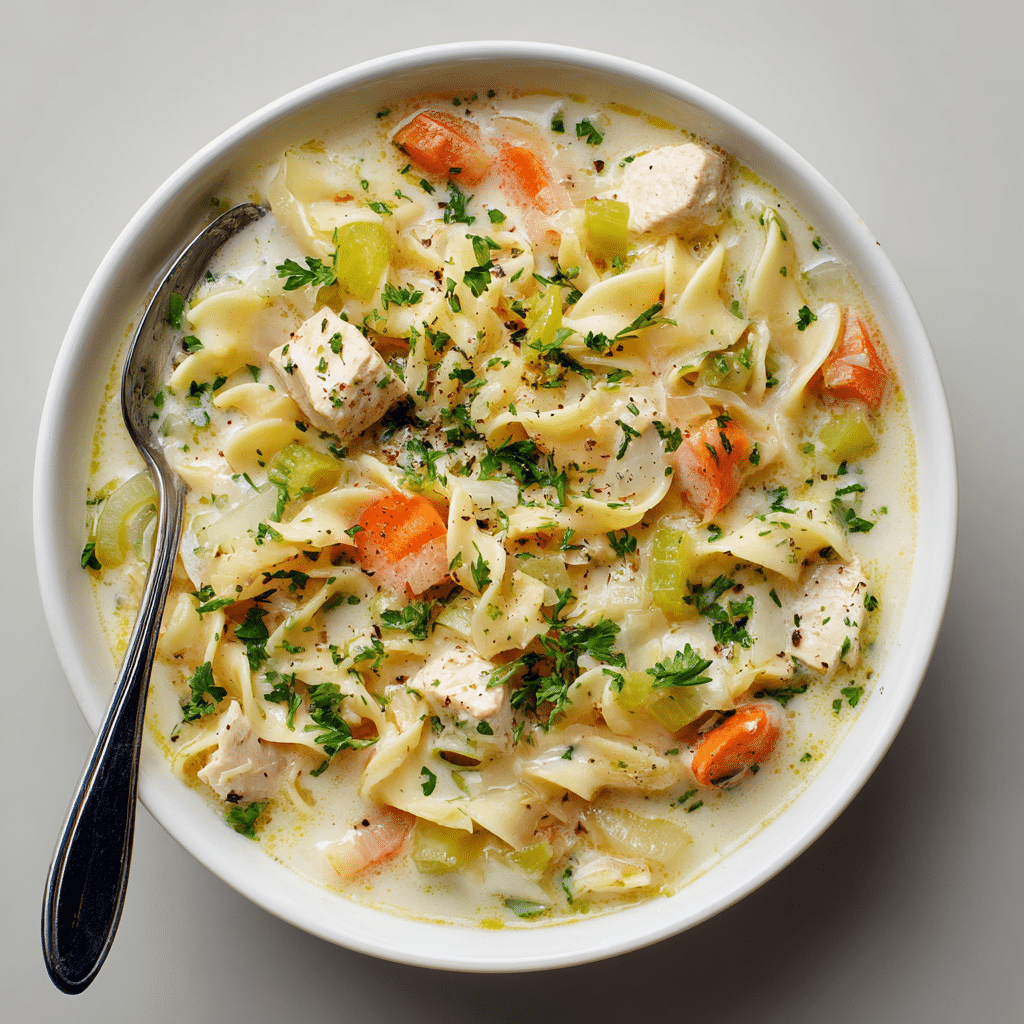 Amazing Creamy Turkey Noodle Soup 2 Creamy turkey noodle soup bowl with tender turkey cubes, egg noodles, carrots, celery in rich half-and-half broth—comforting 30-minute weeknight meal