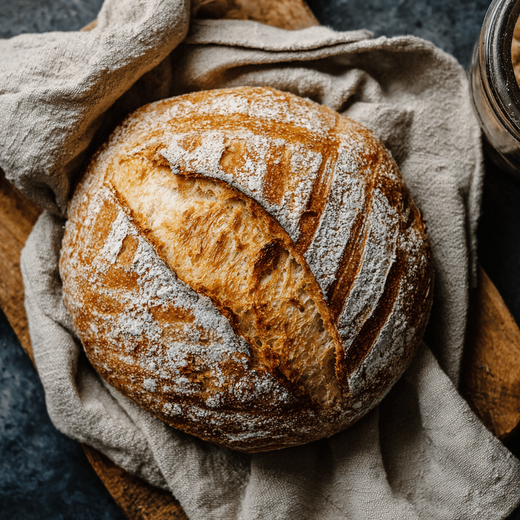 Amazing Sourdough Bread Recipe: A Simple Guide 1 Simple artisan sourdough boule with golden crust and classic slash score, sliced to show chewy crumb—beginner-friendly loaf baked in a Dutch oven