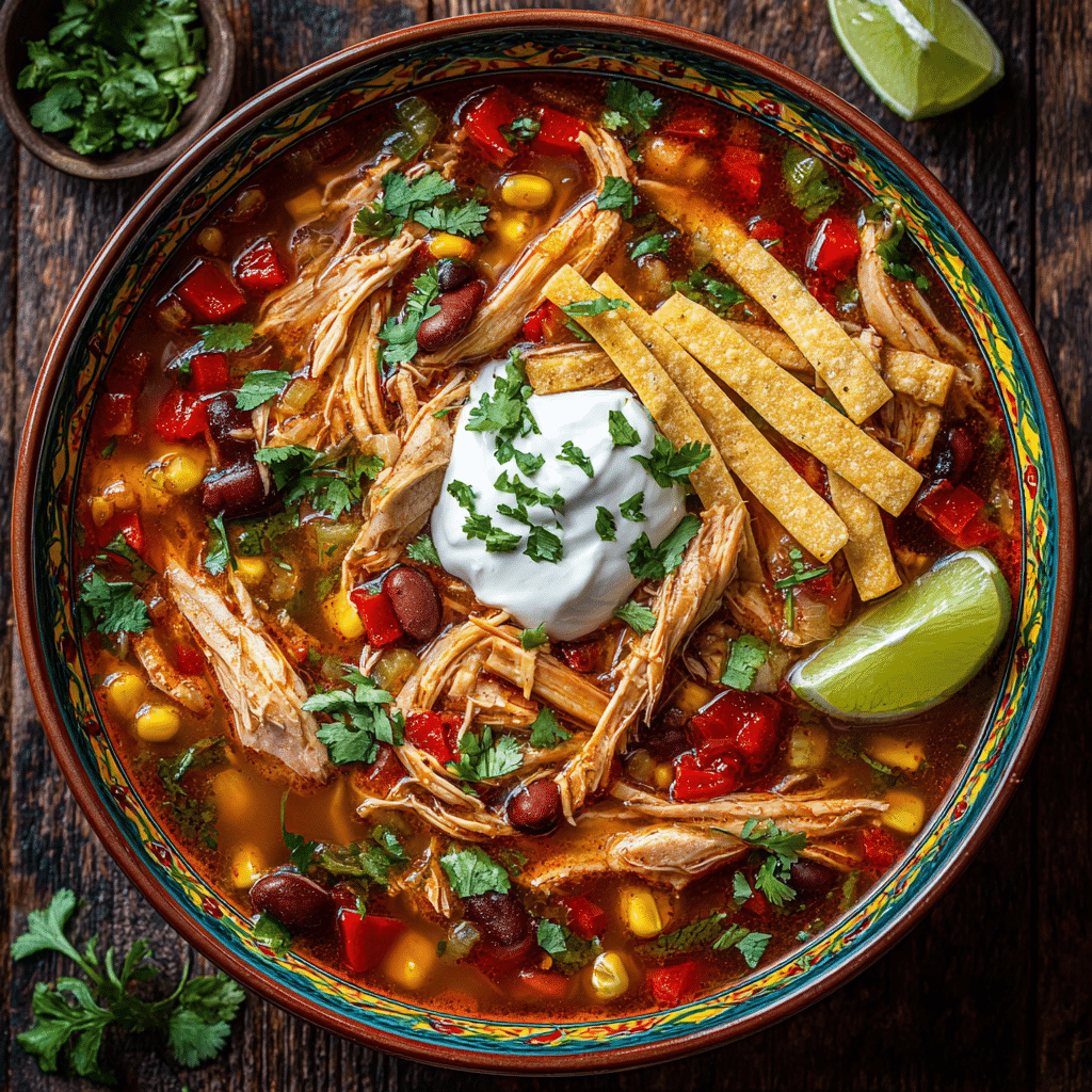 Amazing Hearty Crockpot Chicken Tortilla Soup Recipe 2 Hearty crockpot chicken tortilla soup with shredded chicken, peppers, beans, corn in creamy enchilada broth, topped with tortilla strips, cilantro, sour cream