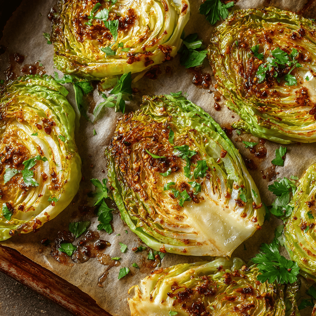 Oven roasted garlic cabbage steaks with crispy charred edges, fennel seeds, garlic-olive oil glaze—healthy 45-minute side or main with simple ingredients