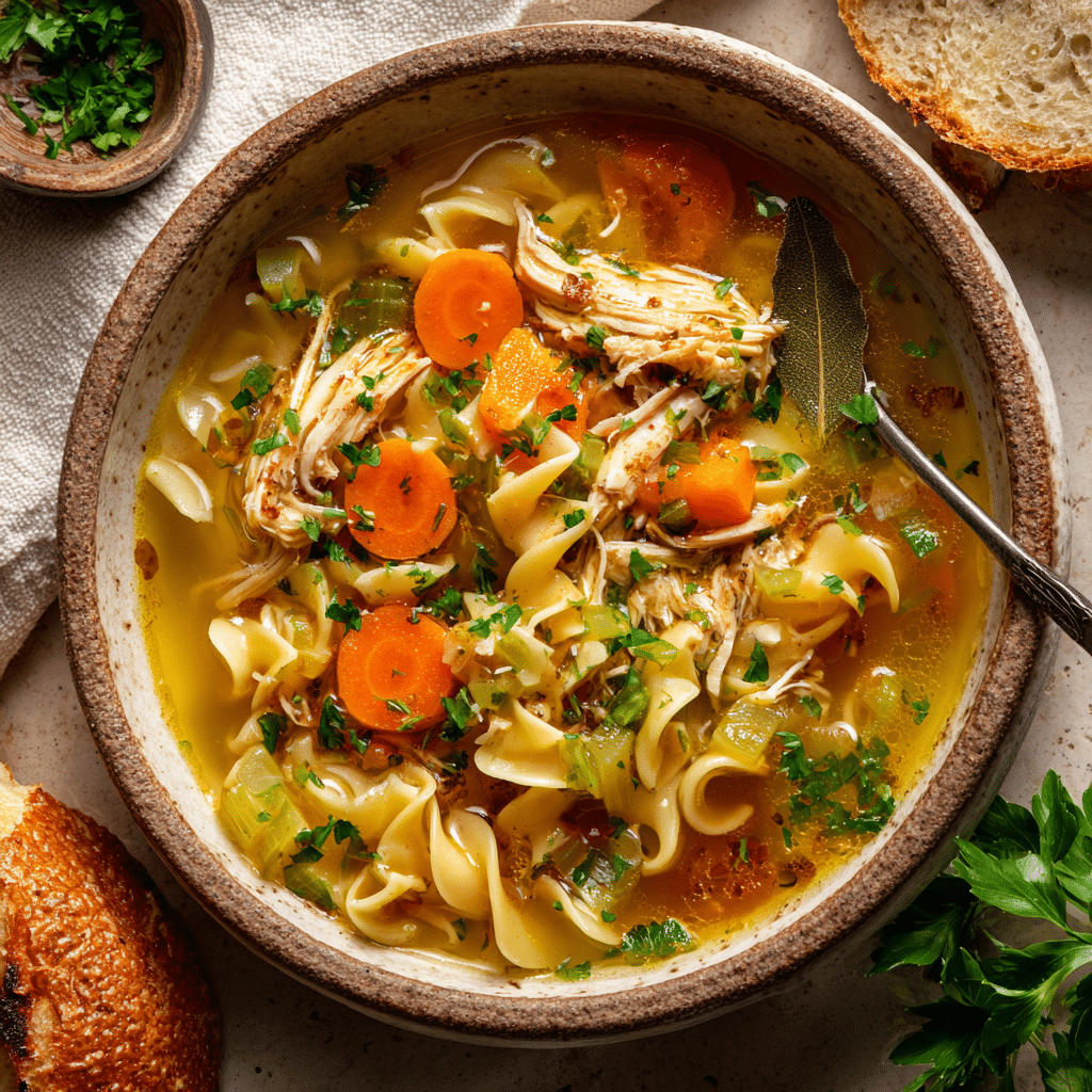 Wonderful Rotisserie Chicken Noodle Soup 2 Hearty rotisserie chicken noodle soup bowl with curly noodles, tender shredded rotisserie chicken, carrots, celery in flavorful golden broth—quick 45-minute comforting family meal