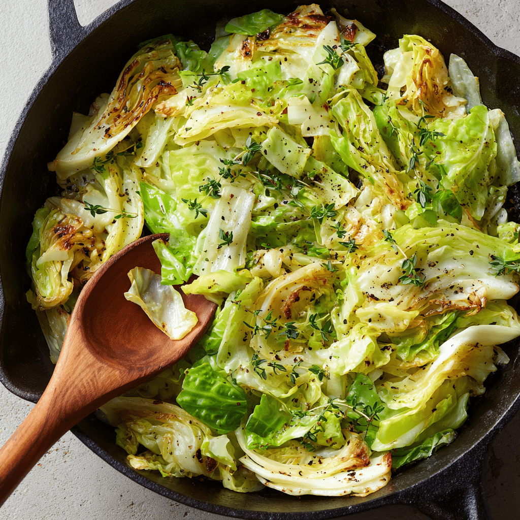 Simple sauteed cabbage in skillet with caramelized browned ribbons, olive oil-butter shine, salt, pepper, thyme—quick 20-minute healthy side dish