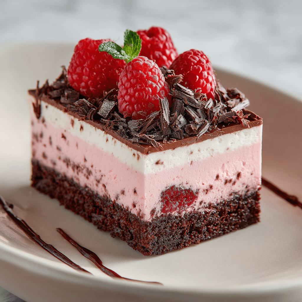 Stunning Dark Chocolate Raspberry Mousse Cake 2 Elegant dark chocolate raspberry mousse cake with fudgy chocolate sponge base, creamy raspberry mousse layer, topped with fresh raspberries and chocolate shavings.
