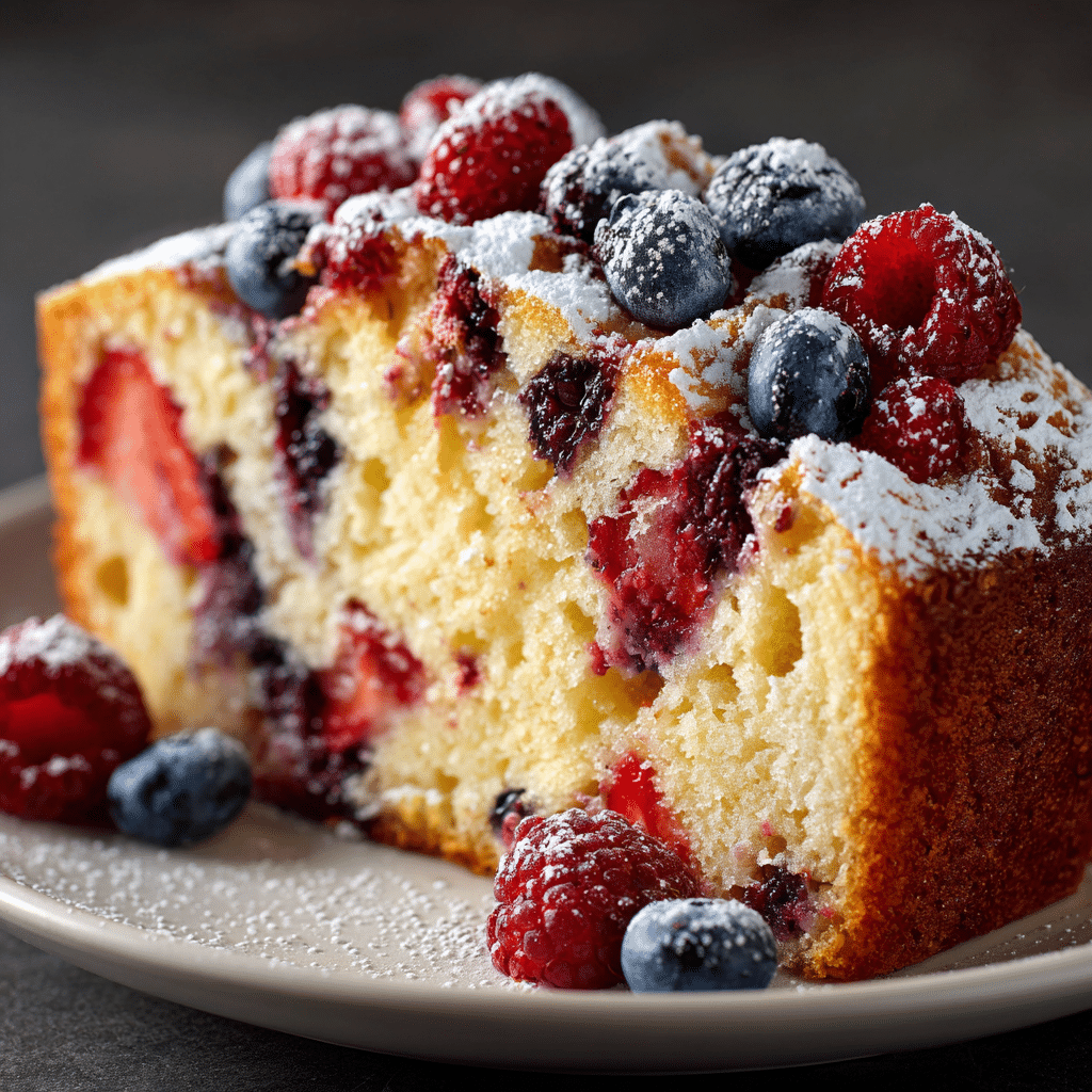 Amazing Rich and Fruity Pound Cake Recipe 2 Moist rich fruity pound cake slice—buttery dense crumb packed with fresh berries, juicy fruit pockets in every tender bite.