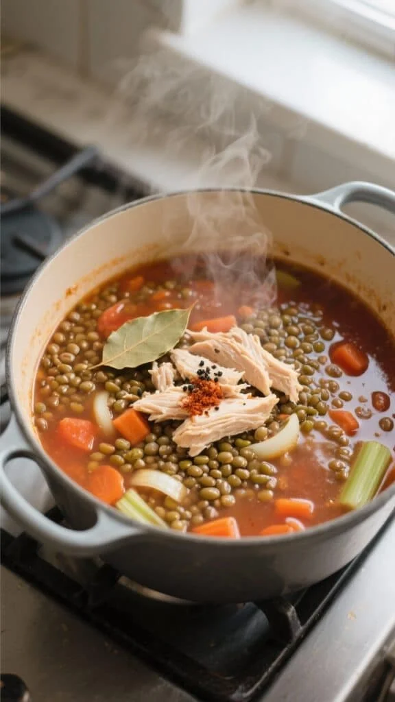 Cooking process — Chicken lentil soup simmering in a Dutch oven: overhead shot of a gently bubblin